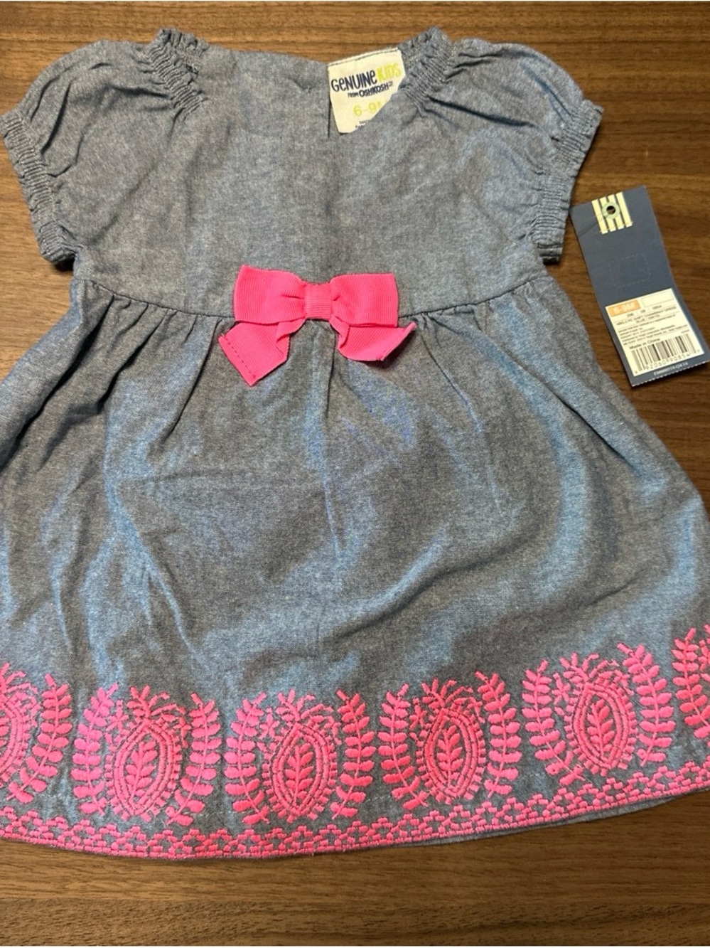 Oshkosh Girls Denim Dress with Pink Bow and Embroidered Pink Hemline